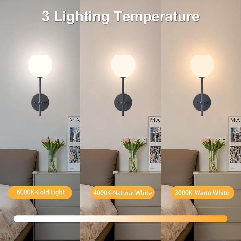 Keep Shinning Black Battery Operated Wall Sconces Set of 2, Rechargeable Wireless Wall Lights with Milky White Frosted Glass Shade, 12 RGB and 3CCT Dimmable, Wall Lamps with Remote for Bedroom Living Room Hallway - Image 3